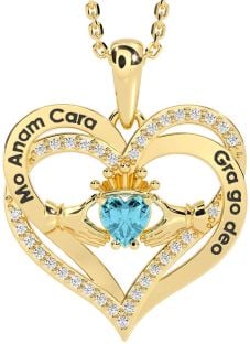 Diamond Aquamarine Gold Silver Irish "My Soul Mate" Claddagh Heart Necklace