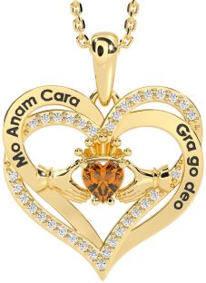 Diamond Citrine Gold Argint irlandez Sufletul meu pereche Claddagh Heart Colier