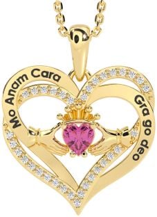 Diamond Pink Tourmaline Gold Silver Irish "My Soul Mate" Claddagh Heart Necklace