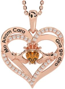 Diamond Citrine Rose Gold Irish "My Soul Mate" Claddagh Heart Necklace