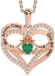 Diamond Emerald Rose Gold Irish "My Soul Mate" Claddagh Heart Necklace