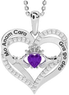 Diamant Amethyst Silber irisch Mein Seelenverwandter Claddagh Herz Halskette