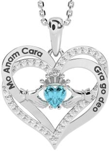 Diamond Aquamarine Silver Irish "My Soul Mate" Claddagh Heart Necklace