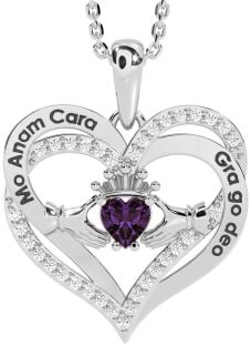 Diamond Alexandrite Silver Irish "My Soul Mate" Claddagh Heart Necklace