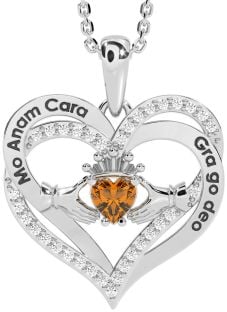 Diamond Citrine Silver Irish "My Soul Mate" Claddagh Heart Necklace