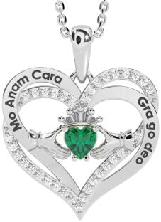 Diamond Emerald Silver Irish "My Soul Mate" Claddagh Heart Necklace