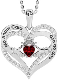 Diamond Garnet Silver Irish "My Soul Mate" Claddagh Heart Necklace