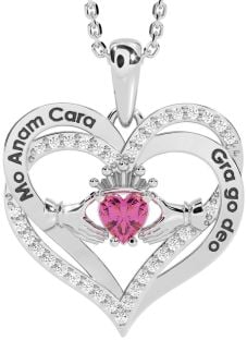 Diamond Pink Tourmaline Silver Irish "My Soul Mate" Claddagh Heart Necklace