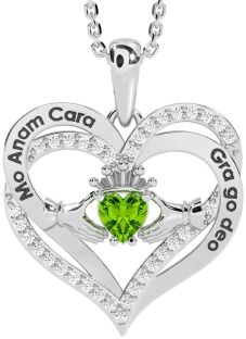 Diamond Peridot Silver Irish "My Soul Mate" Claddagh Heart Necklace