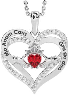 Diamond Ruby Silver Irish "My Soul Mate" Claddagh Heart Necklace