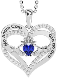 Diamond Sapphire Silver Irish "My Soul Mate" Claddagh Heart Necklace