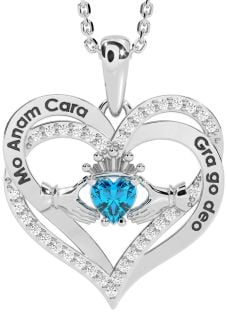 Diamond Topaz Silver Irish "My Soul Mate" Claddagh Heart Necklace