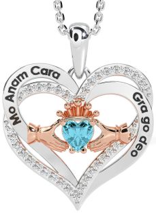 Diamond Aquamarine Rose Gold Silver Irish "My Soul Mate" Claddagh Heart Necklace