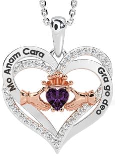 Diamond Alexandrite Rose Gold Silver Irish "My Soul Mate" Claddagh Heart Necklace