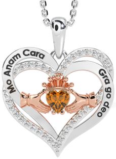 Diamond Citrine Rose Gold Silver Irish "My Soul Mate" Claddagh Heart Necklace