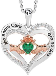 Diamond Emerald Rose Gold Silver Irish "My Soul Mate" Claddagh Heart Necklace