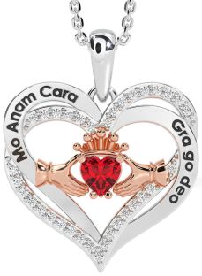 Diamond Ruby Rose Gold Silver Irish "My Soul Mate" Claddagh Heart Necklace