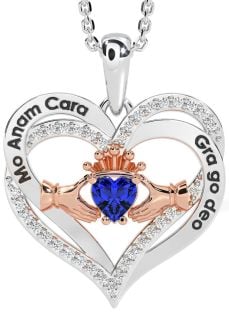 Diamond Sapphire Rose Gold Silver Irish "My Soul Mate" Claddagh Heart Necklace