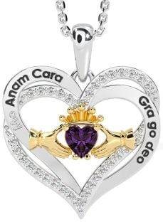 Diamond Alexandrite Gold Silver Irish "My Soul Mate" Claddagh Heart Necklace