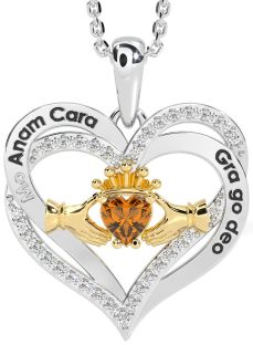 Diamond Citrine Gold Silver Irish "My Soul Mate" Claddagh Heart Necklace