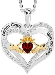 Diamond Garnet Gold Silver Irish "My Soul Mate" Claddagh Heart Necklace