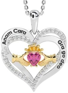 Diamond Pink Tourmaline Gold Silver Irish "My Soul Mate" Claddagh Heart Necklace