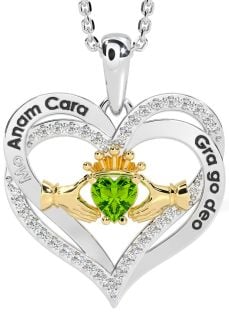 Diamond Peridot Gold Silver Irish "My Soul Mate" Claddagh Heart Necklace