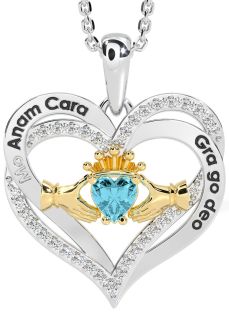 Diamond Aquamarine White Yellow Gold Irish "My Soul Mate" Claddagh Heart Necklace