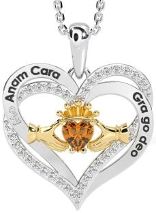 Diamond Citrine White Yellow Gold Irish "My Soul Mate" Claddagh Heart Necklace