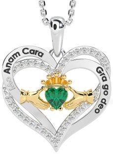 Diamond Emerald White Yellow Gold Irish "My Soul Mate" Claddagh Heart Necklace