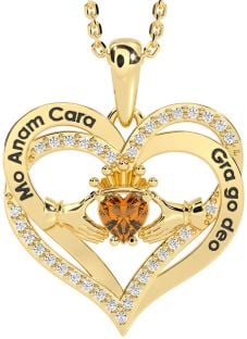 Diamond Citrine Gold Irish "My Soul Mate" Claddagh Heart Necklace