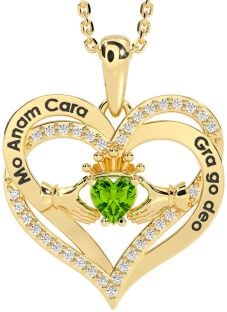 Diamond Peridot Gold Irish "My Soul Mate" Claddagh Heart Necklace