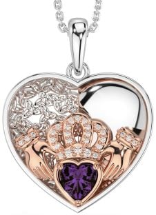 Diamond Alexandrite Rose Gold Silver Celtic Claddagh Trinity Knot Heart Necklace