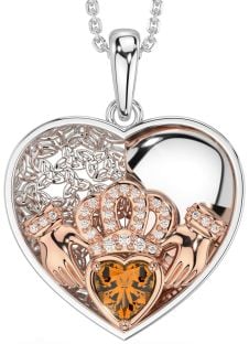 Diamond Citrine Rose Gold Silver Celtic Claddagh Trinity Knot Heart Necklace