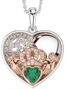 Diamond Emerald Rose Gold Silver Celtic Claddagh Trinity Knot Heart Necklace