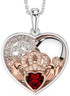 Diamond Garnet Rose Gold Silver Celtic Claddagh Trinity Knot Heart Necklace