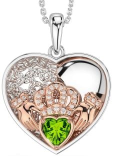 Diamond Peridot Rose Gold Silver Celtic Claddagh Trinity Knot Heart Necklace