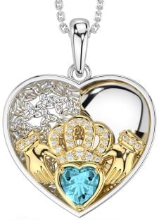 Diamond Aquamarine Gold Silver Celtic Claddagh Trinity Knot Heart Necklace