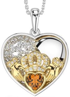 Diamond Citrine Gold Silver Celtic Claddagh Trinity Knot Heart Necklace