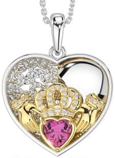 Diamond Pink Tourmaline Gold Silver Celtic Claddagh Trinity Knot Heart Necklace