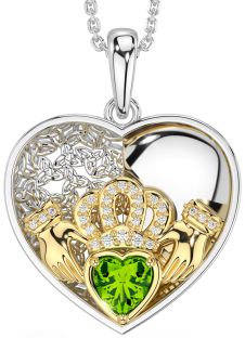 Diamond Peridot Gold Silver Celtic Claddagh Trinity Knot Heart Necklace