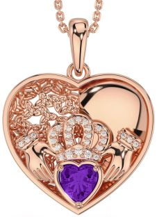 Diamond Amethyst Rose Gold Silver Celtic Claddagh Trinity Knot Heart Necklace