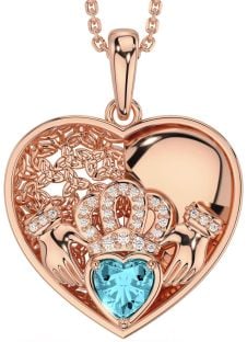 Diamond Aquamarine Rose Gold Silver Celtic Claddagh Trinity Knot Heart Necklace