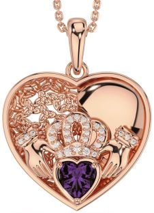 Diamond Alexandrite Rose Gold Silver Celtic Claddagh Trinity Knot Heart Necklace