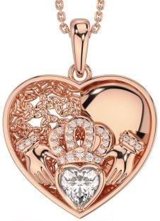 Diamond Rose Gold Silver Celtic Claddagh Trinity Knot Heart Necklace