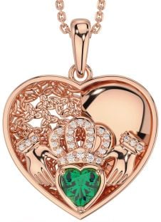 Diamond Emerald Rose Gold Silver Celtic Claddagh Trinity Knot Heart Necklace