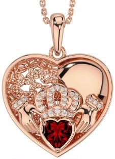 Diamond Garnet Rose Gold Silver Celtic Claddagh Trinity Knot Heart Necklace