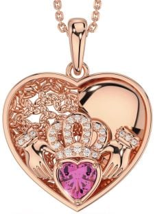 Diamond Pink Tourmaline Rose Gold Silver Celtic Claddagh Trinity Knot Heart Necklace