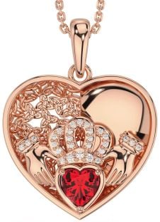 Diamond Ruby Rose Gold Silver Celtic Claddagh Trinity Knot Heart Necklace