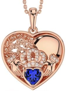 Diamond Sapphire Rose Gold Silver Celtic Claddagh Trinity Knot Heart Necklace